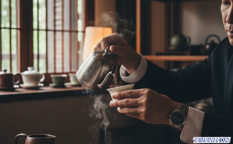 伝統的な茶藝館で台湾茶の茶藝体験に参加し、専門的な手順で茶を淹れる日本人男性の手元