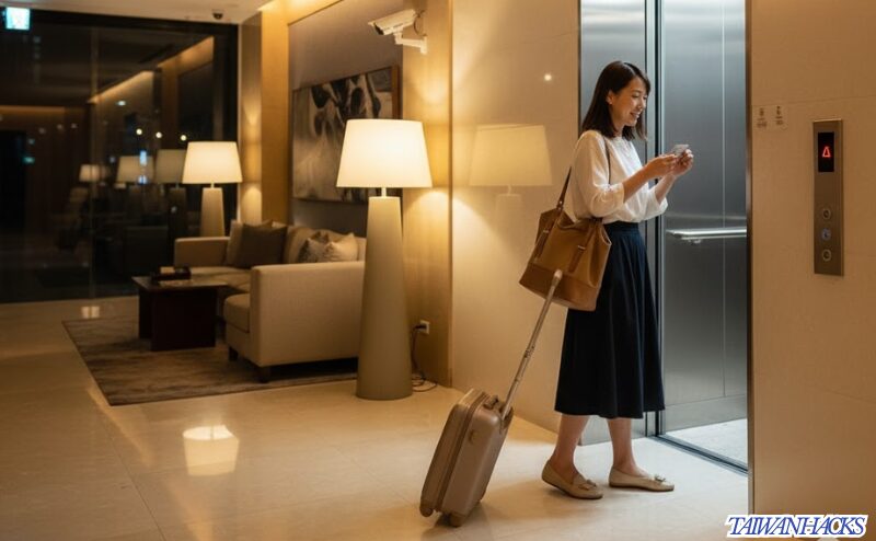 夜の台北のホテルロビー。セキュリティ性の高いエレベーターに乗り込む日本人女性