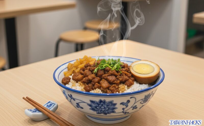 湯気の立つ魯肉飯（ルーローファン）が一皿置かれた清潔な台湾のローカル食堂のテーブル