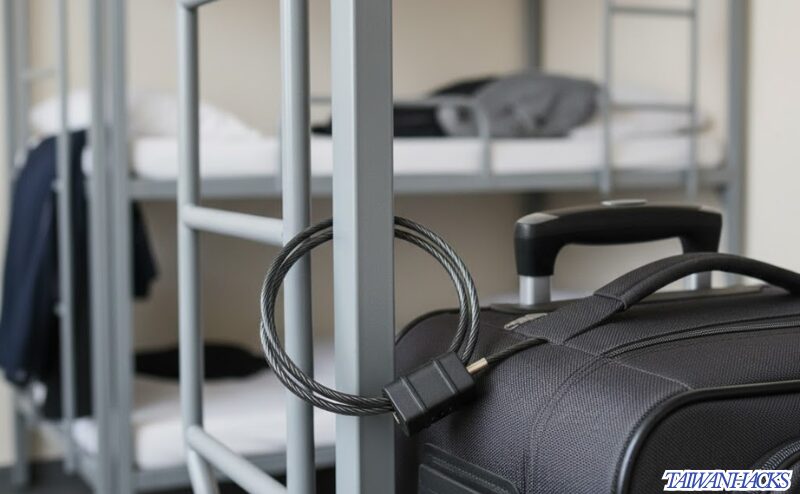 スーツケースをベッドのフレームにワイヤーロックで固定する防犯対策