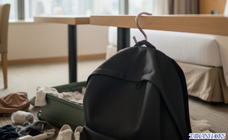 S字フックを使ってテーブルに荷物を掛けている様子