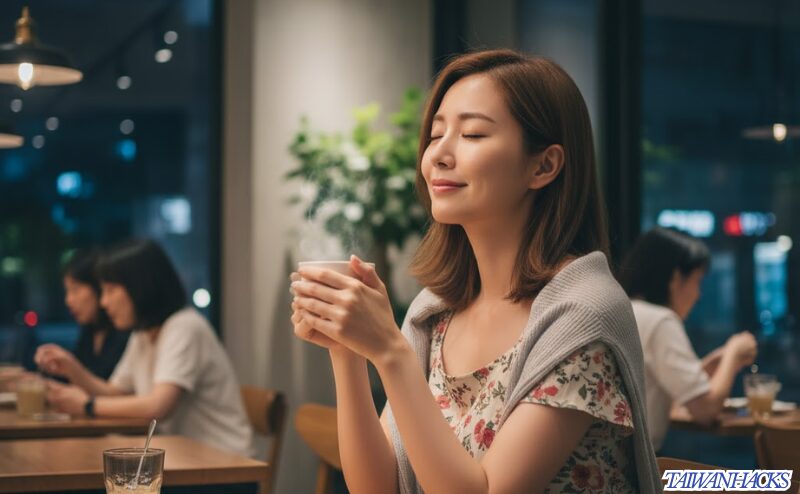 台湾の冷房が効いたカフェで羽織ものを着る日本人女性