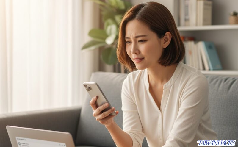 自宅で台湾旅行のeSIMについて日本語チャットサポートを受ける日本人女性