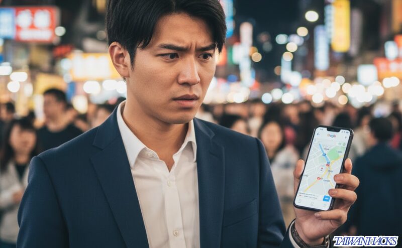 台湾の夜市でeSIMの速度制限にかかり、スマホの地図が読み込まれず困っている日本人男性