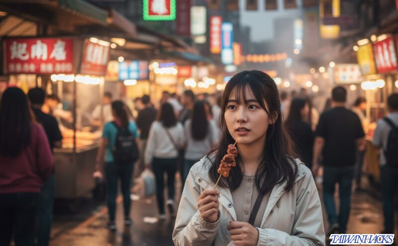 台湾の士林夜市（シーリンイエシー）の混雑した様子と、スリに注意する女子一人旅の学生