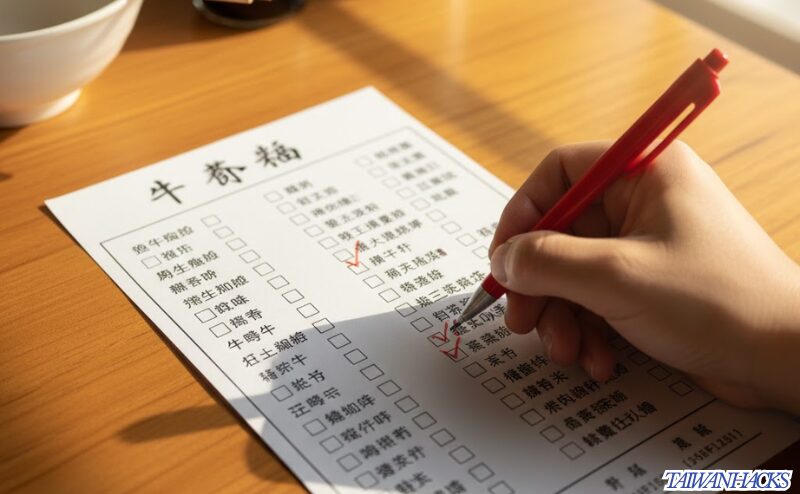 台湾のローカル食堂で使われる注文票（オーダーシート）にチェックを入れている様子