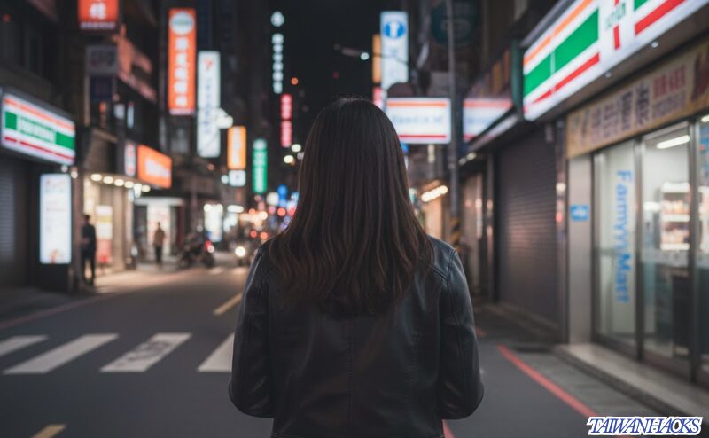 台湾一人旅で夜の明るい大通りを安全に歩く女性