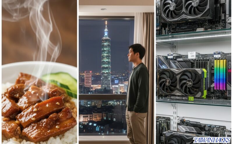 台湾一人旅の3タイプ：B級グルメ、快適なホテル、ガジェット巡りのコラージュ