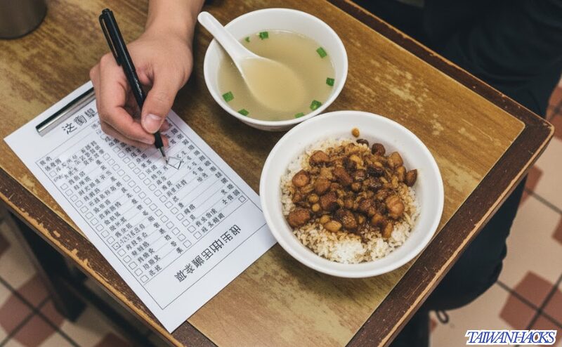 台湾のローカル食堂で注文票に記入する男性の手元