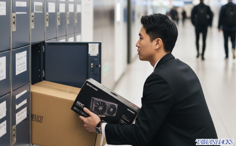 台北の駅でコインロッカーにPCパーツ（戦利品）を預ける男性