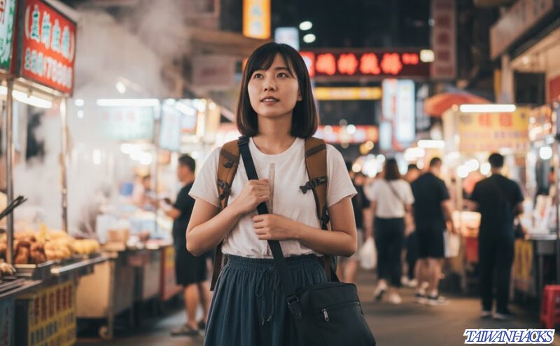 台湾の夜市でスリ対策のため、バッグを体の前でしっかり持って楽しむ日本人女性の一人旅旅行者