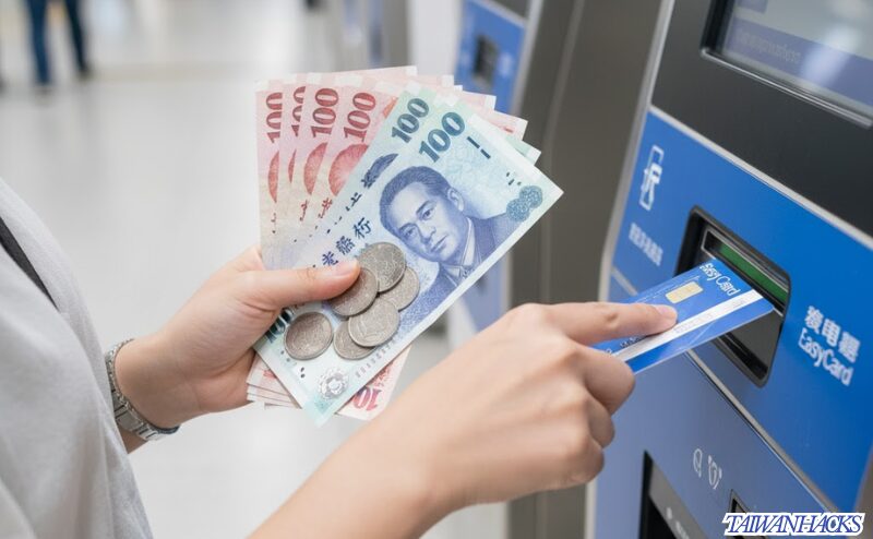 台湾の空港で、悠遊カードを購入するために現金を用意している日本人旅行者の手元