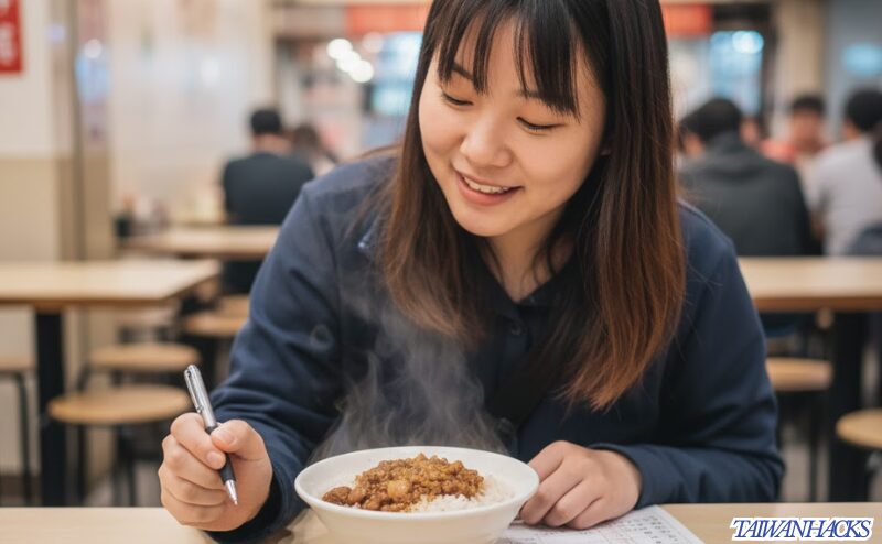 台湾のローカル食堂で、一人ご飯の不安を注文票で解消し、魯肉飯を注文する日本人女性