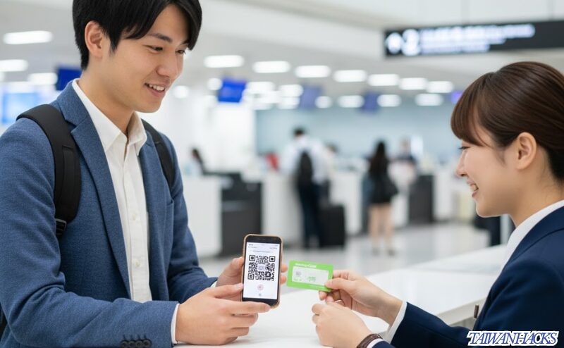 空港カウンターで事前予約した悠遊カード（EasyCard）を受け取る男性旅行者
