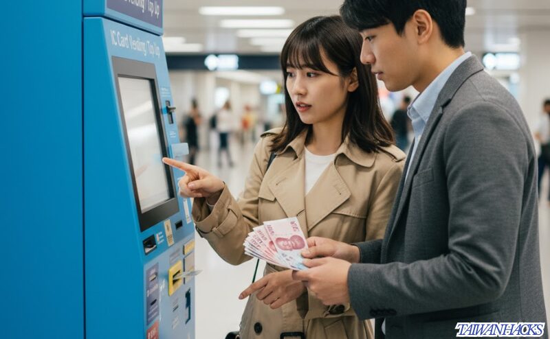 台湾の空港で悠遊カード（EasyCard）の自動券売機を操作する日本人カップル