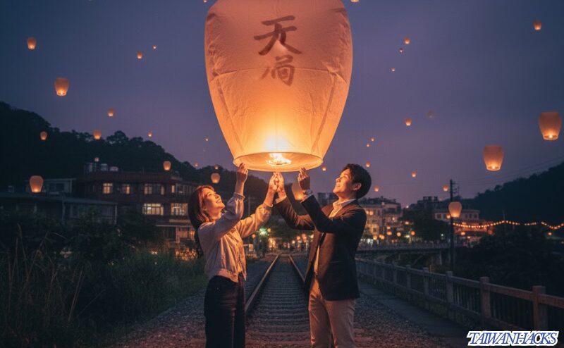 九份と十分を1日で回るツアー、十分で天燈上げ（スカイランタン）を体験する日本人カップル