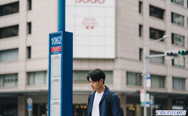 台北から九份への1062番バス、忠孝復興駅（Zhongxiao Fuxing）のバス乗り場