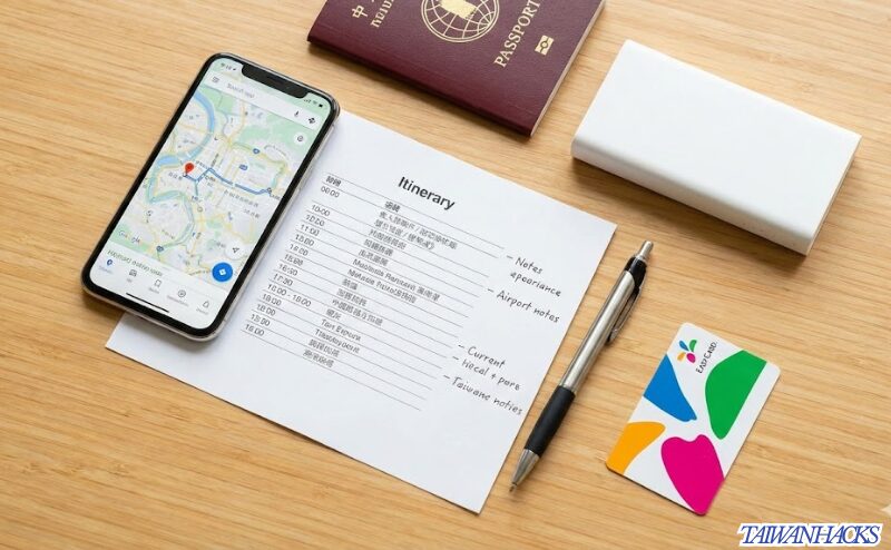スマートフォン、パスポート、旅程表、充電器など、台湾弾丸旅行の準備に必要なアイテム一式