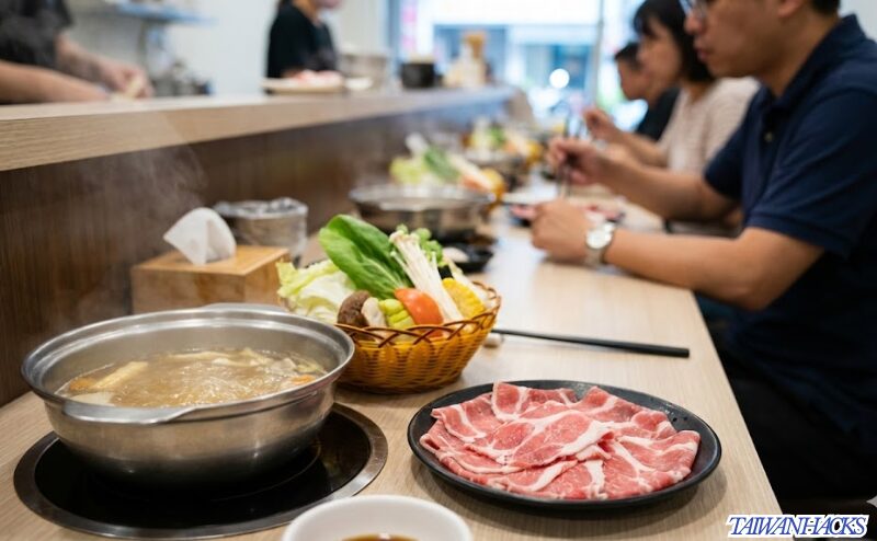 カウンター席で楽しむ台湾の一人鍋（しゃぶしゃぶ）、新鮮な肉と野菜