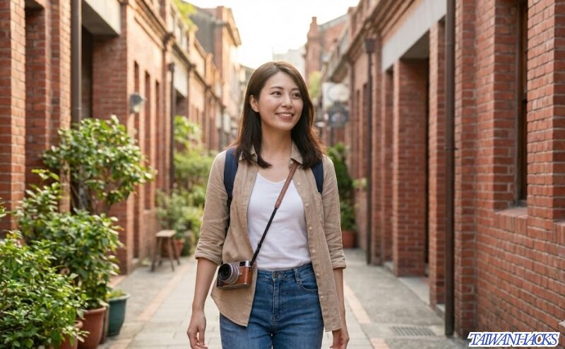 台湾のレトロな路地裏を笑顔で散策し、3泊4日の一人旅のゆとりを楽しむ日本人女性