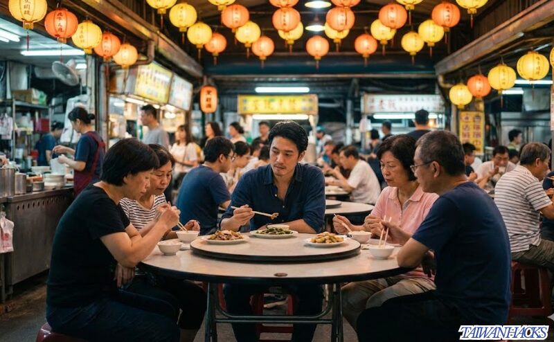 台湾の夜市で相席をしながらも、周囲の適度な無関心さに心地よさを感じて食事をする日本人男性