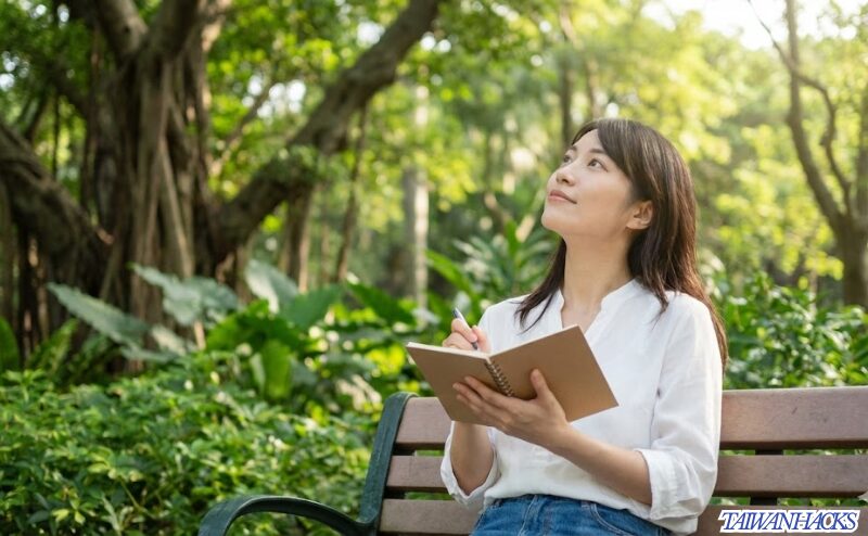台北の大安森林公園のベンチで、朝の光を浴びながら紙のノートに自分の気持ちを書き出すジャーナリングを行う日本人女性