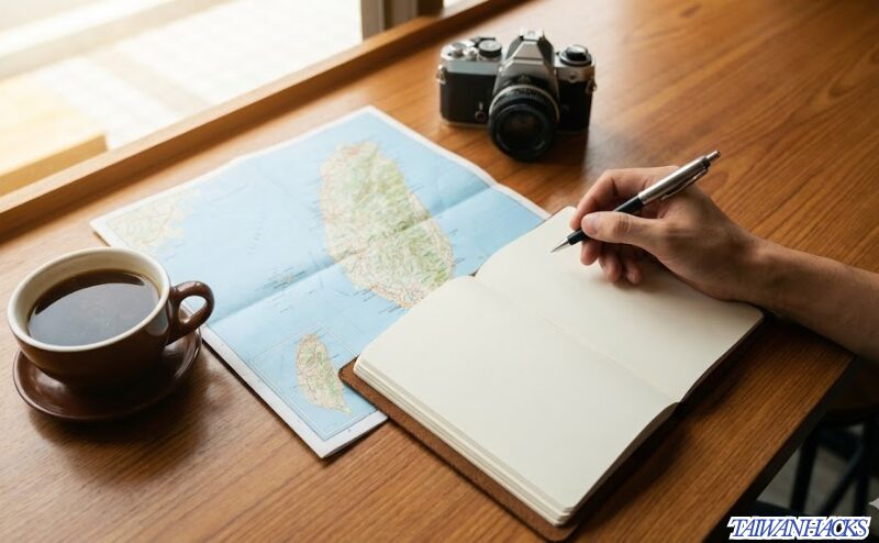 カフェのテーブルで台湾の地図とノートを広げ、旅行の計画を立てている様子
