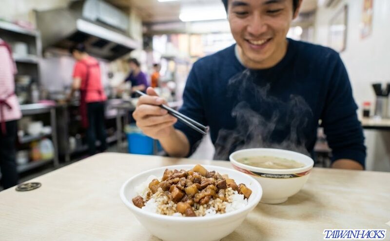 台湾のローカル食堂で魯肉飯（ルーローファン）を前に笑顔を見せる男性一人旅