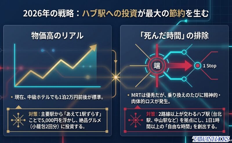台北の物価高の現状。中級ホテル1泊2万円前後の相場と、1駅ずらして5,000円を浮かせる対策の図解。