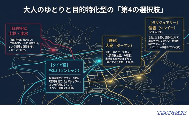 信義(ラグジュアリー)、大安(静寂)、松山(タイパ極)、士林・淡水(目的特化)の各エリア解説マップ。