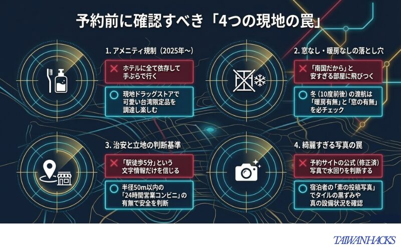 アメニティ規制、窓・暖房の有無、治安と立地の判断基準、公式サイト写真の罠についてのチェックリスト。
