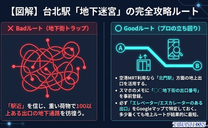 台北駅地下街トラップのBadルートと、北門駅地上出口を活用するプロのGoodルートの比較図解。
