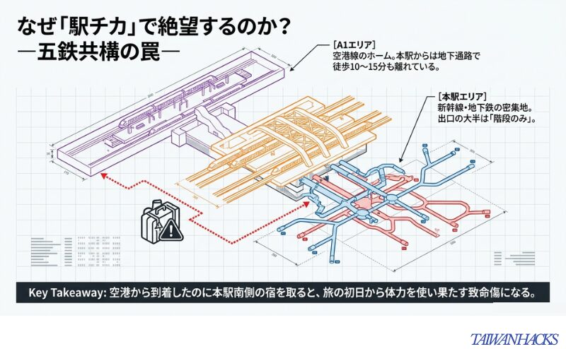 空港線（A1）エリアと、新幹線・地下鉄が集まる本駅エリアが地下通路で徒歩10～15分離れていることを示す立体構造図。