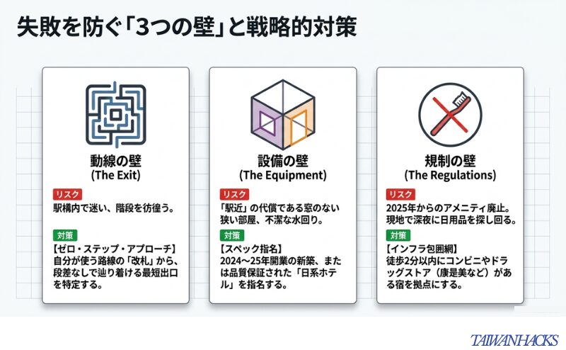 動線の壁、設備の壁、規制の壁という3つのリスクと、それに対する「ゼロ・ステップ・アプローチ」などの具体的な対策をまとめた図。