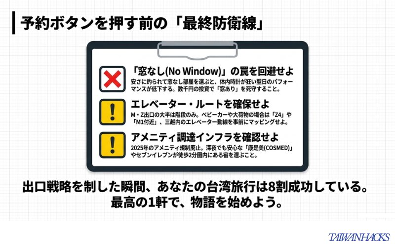 「窓なし」の回避、エレベーター・ルートの確保、アメニティ調達インフラの確認を促す、最終確認用のチェックリスト。