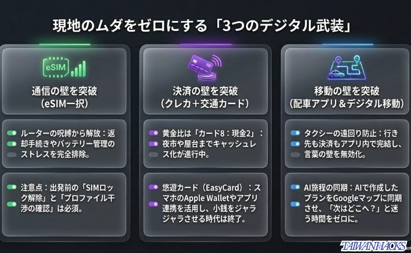 eSIMによる通信の壁、クレカと交通カードによる決済の壁、Googleマップと配車アプリによる移動の壁を突破する方法を解説したスライド。
