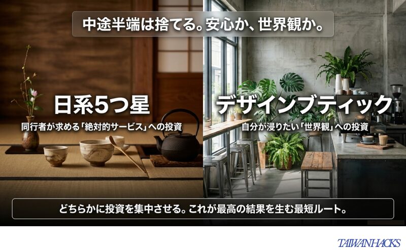 日系5つ星（絶対的サービス）かデザインブティック（世界観）のどちらかに投資を集中させるべきという戦略を示すスライド。