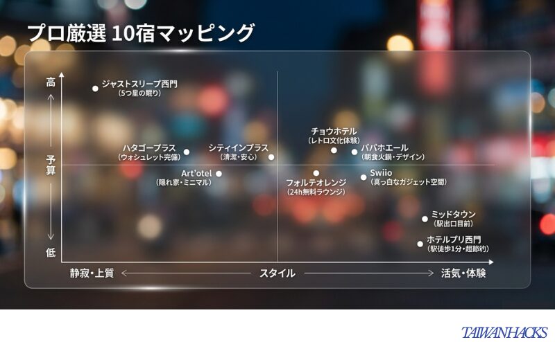 予算(高・低)とスタイル(静寂・活気)の2軸で、厳選された10箇所のホテルを配置した分布図。