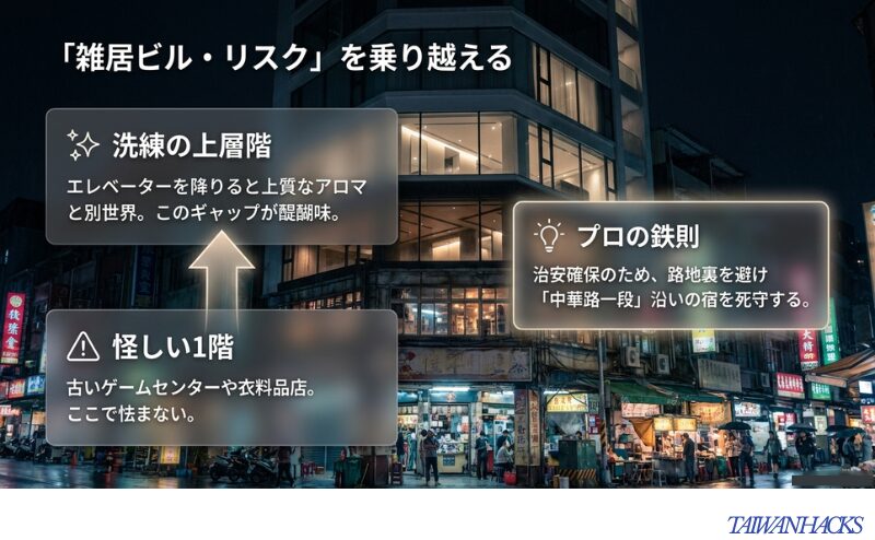 怪しい1階と洗練された上層階のギャップを解説し、中華路一段沿いの宿を推奨するスライド。