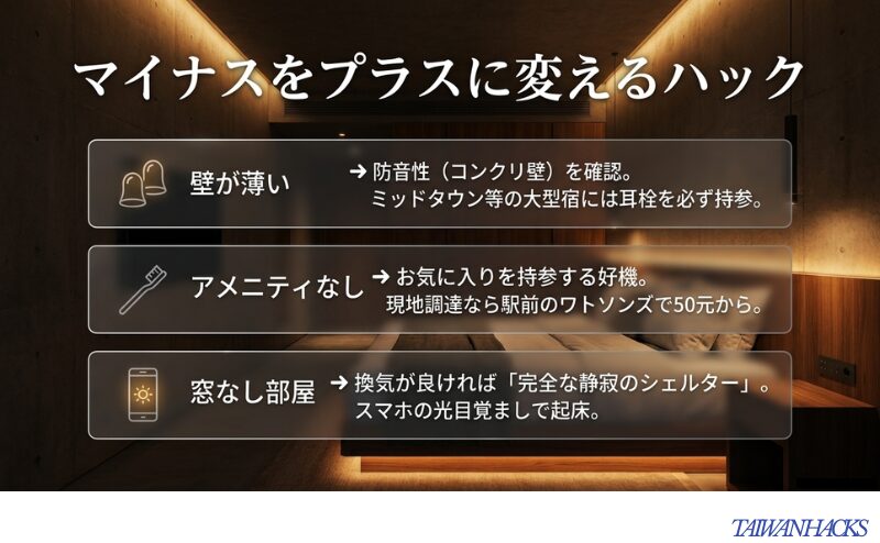 耳栓の持参や窓なし部屋をシェルターとして使う方法など、欠点を補うハックをまとめたスライド。