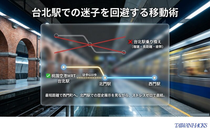複雑な台北駅乗り換えを避け、徒歩600歩で北門駅から西門町へ直結するルートを視覚化した地図スライド。