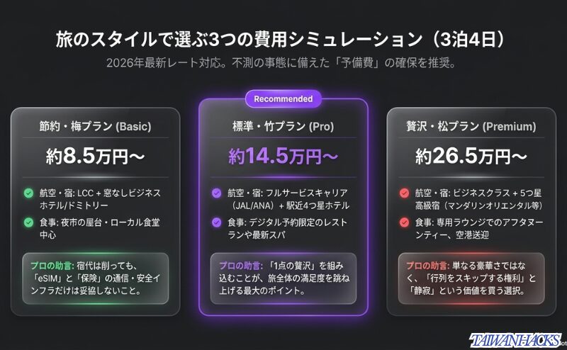 2026年最新レートに対応した、節約(梅)、標準(竹)、贅沢(松)の3つの滞在スタイル別予算とプロの助言をまとめた比較図。