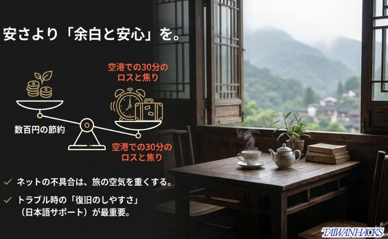 数百円の節約よりも空港で30分失う焦りを避けることが大切で、ネット不具合は旅の空気を重くすると伝えるスライド