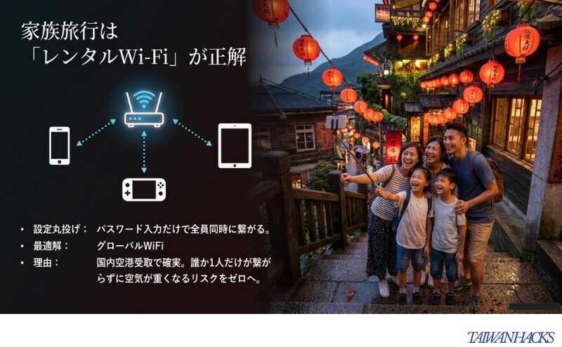 家族旅行ではレンタルWi-Fiを使うとスマホやタブレットなど複数端末を同時接続でき、グローバルWiFiが選択肢になることを示すスライド