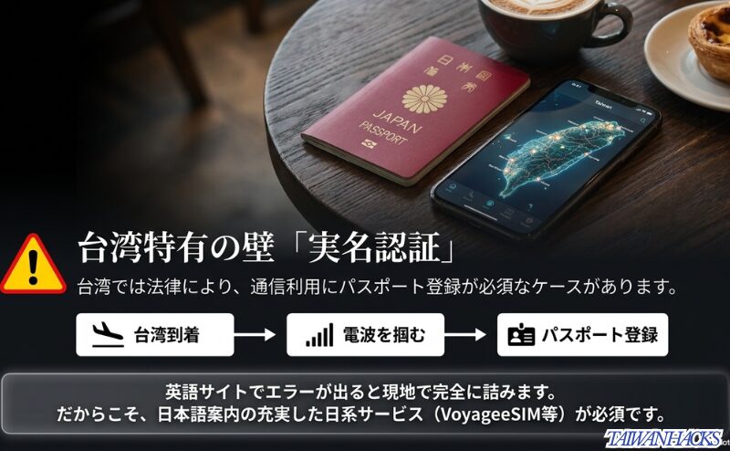 台湾では通信利用時にパスポート登録が必要になる場合があり、日本語案内のある日系サービスを選ぶ重要性を示すスライド