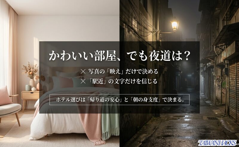 明るいホテル客室と暗い夜道を対比し、台北女子旅では写真映えや駅近表記だけでなく帰り道の安心と朝の身支度でホテルを選ぶべきだと示すスライド