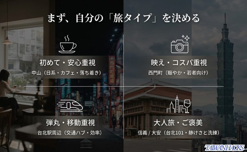 初めての安心重視は中山、映えとコスパ重視は西門町、弾丸移動重視は台北駅周辺、大人旅やご褒美旅は信義・大安を選ぶ流れを示すスライド