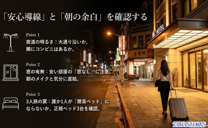夜道の明るさ、窓の有無、3人旅で正規ベッド3台かどうかを確認し、台北女子旅のホテル選びで安心導線と朝の余白を重視するスライド