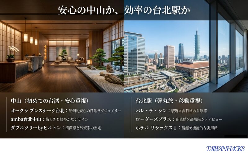 中山は初めての台湾や安心重視に向き、台北駅周辺は弾丸旅や移動重視に向くことを代表ホテルとともに比較したスライド