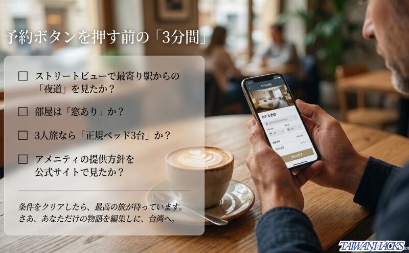 予約前にストリートビューで夜道を見て、窓あり客室、3人旅の正規ベッド、アメニティ提供方針を確認するチェックリストのスライド